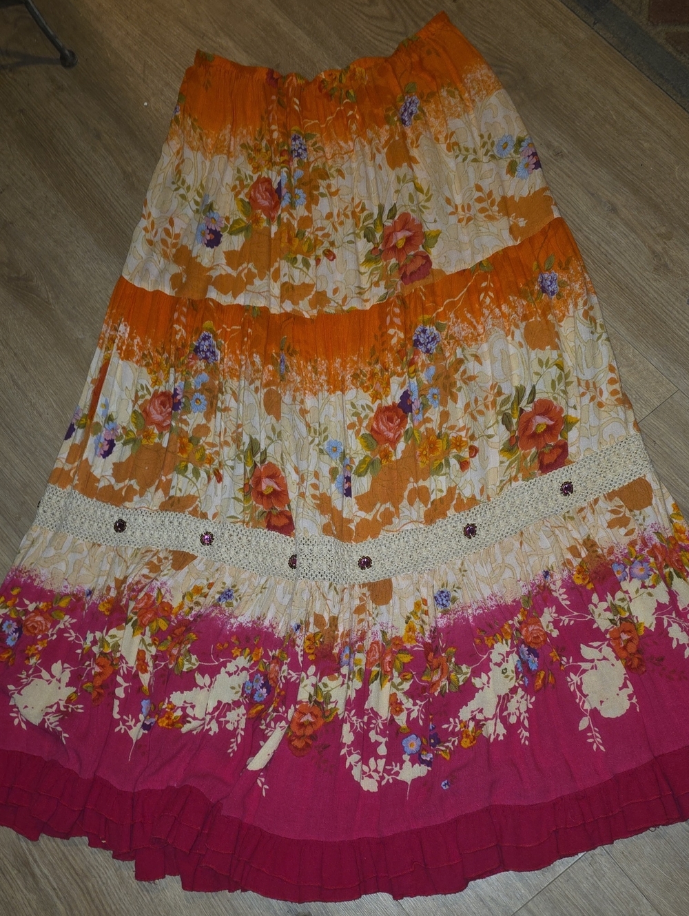 Boho Floral Tiered Maxi Skirt in Orange and Pink